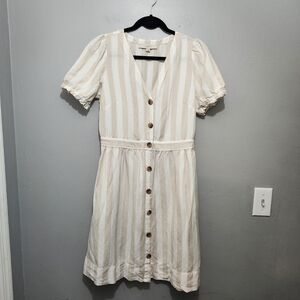 LOFT Cream & Tan Striped Button-Front Mini Dress Linen Blend Size 4